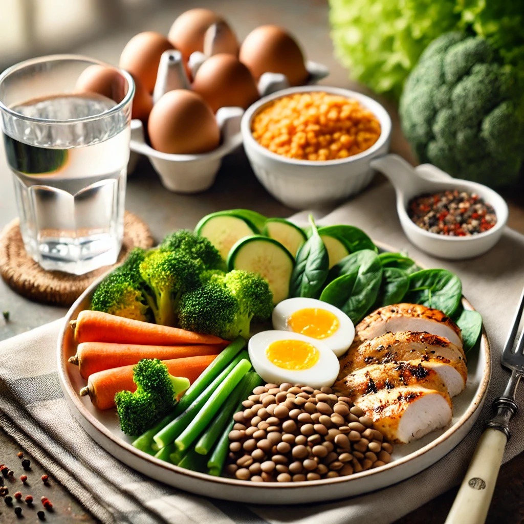 un pasto bilanciato con fonti proteiche come pollo grigliato, lenticchie ed uova, accompagnato da verdure ricche di fibra e un bicchiere d’acqua, per evidenziare l’importanza dell’equilibrio nutrizionale.