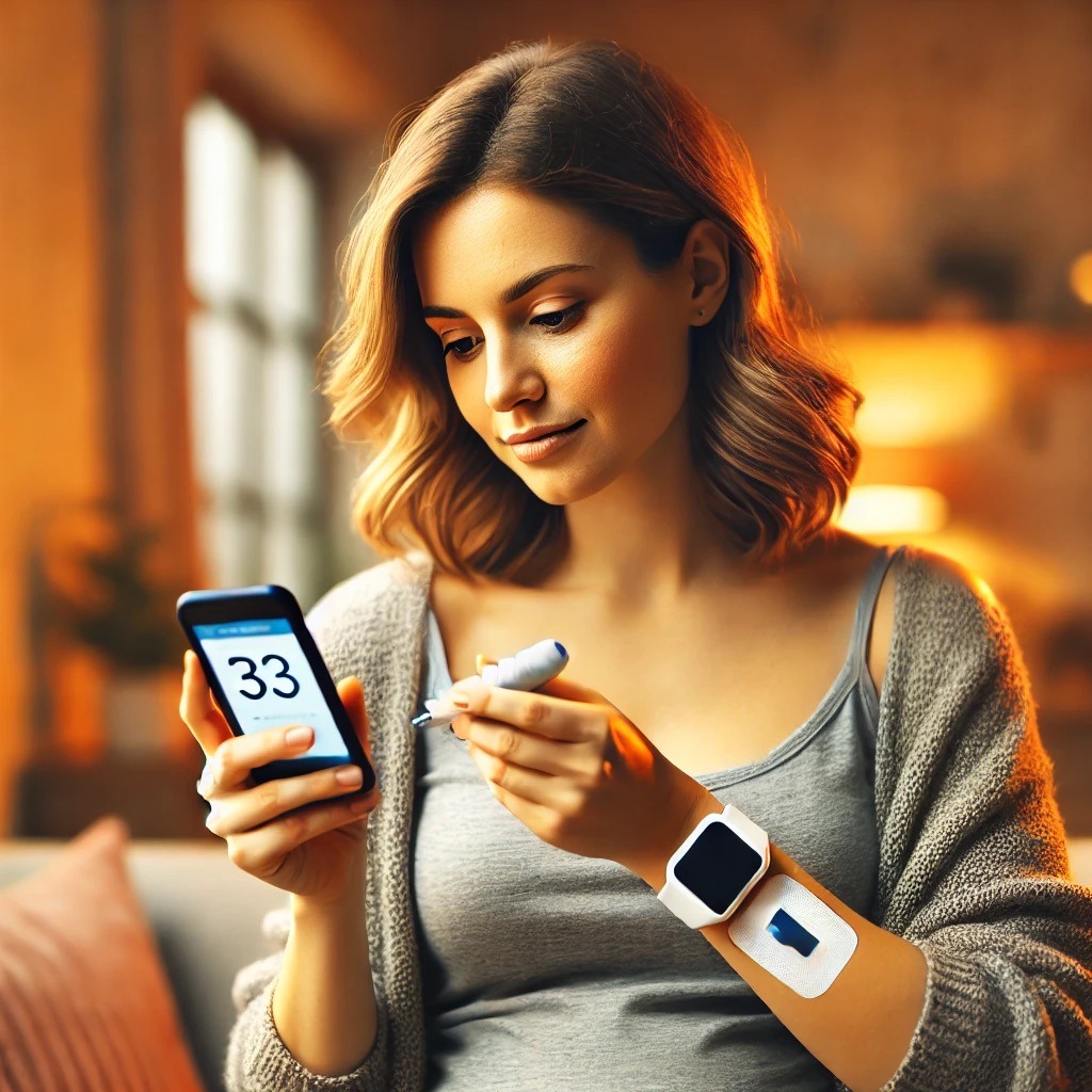 una donna incinta con diabete che utilizza un CGM, controllando il suo smartphone con un'espressione serena e fiduciosa in un ambiente domestico accogliente.