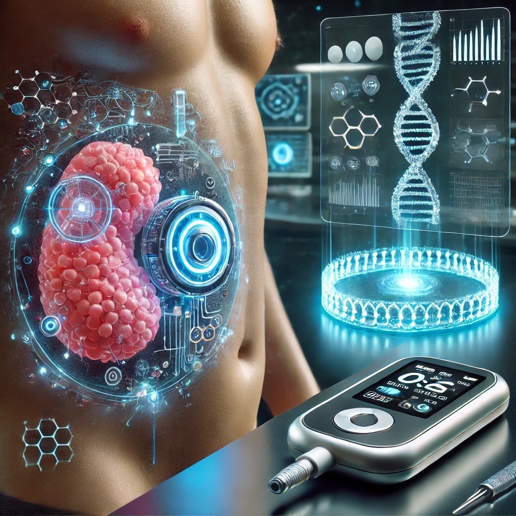 una visione futuristica della terapia cellulare genetica per il diabete, con un impianto high-tech attivato da un cerotto transdermico.