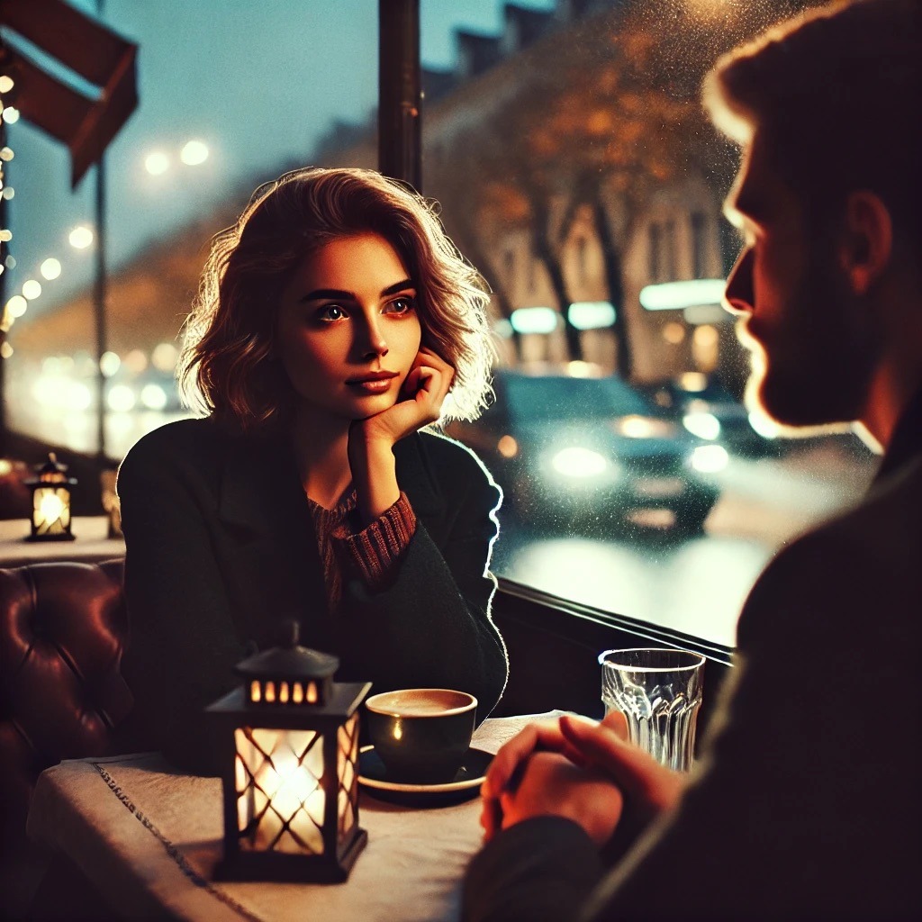 una scena romantica in una città tranquilla, con Alice e Matteo immersi in una conversazione profonda in un caffè illuminato dolcemente. L'atmosfera cattura il legame tra intelligenza e cuore che li unisce.