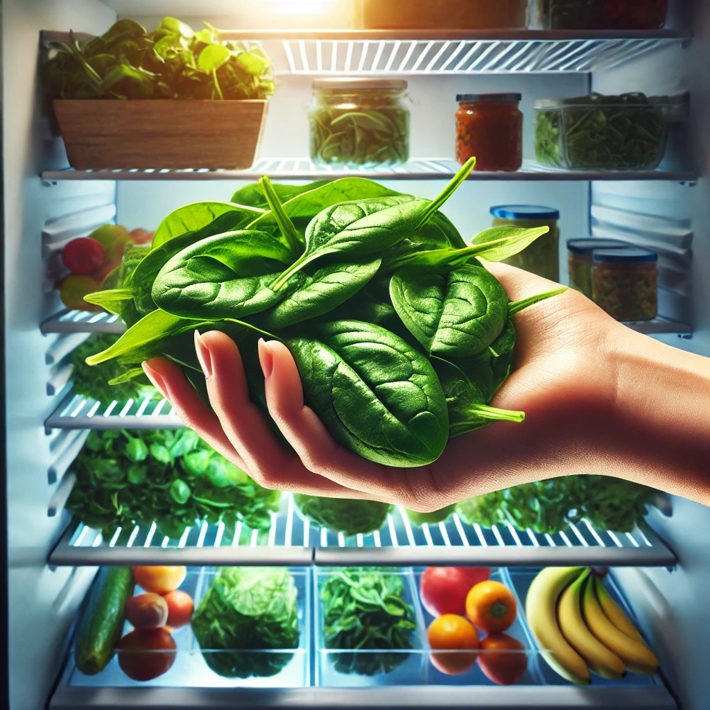 un primo piano di una mano che prende una manciata di spinaci freschi direttamente dal frigorifero, con un'illuminazione che ne evidenzia la freschezza e uno sfondo ordinato con altri alimenti sani.