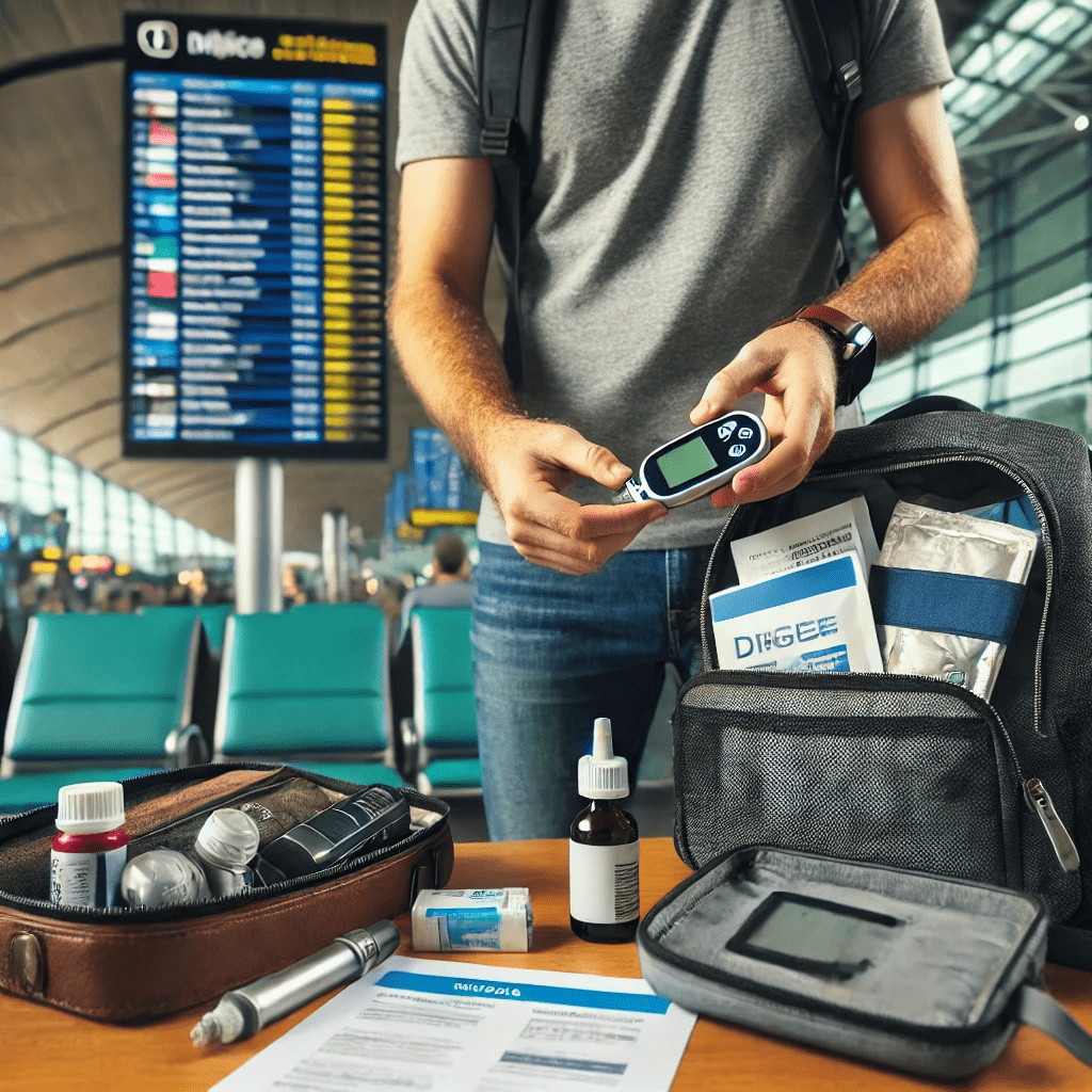 Un viaggiatore con diabete di tipo 1 che prepara il suo bagaglio con insulina, glucometro e snack di emergenza in un terminal aeroportuale.