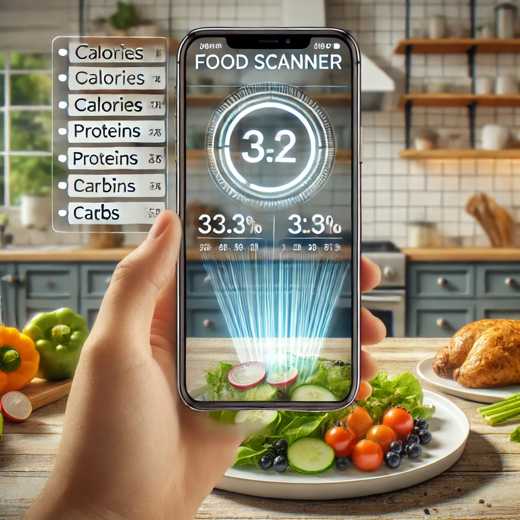 Un'app futuristica di scansione alimentare AI che analizza un piatto di cibo tramite la fotocamera dello smartphone, mostrando informazioni nutrizionali dettagliate.