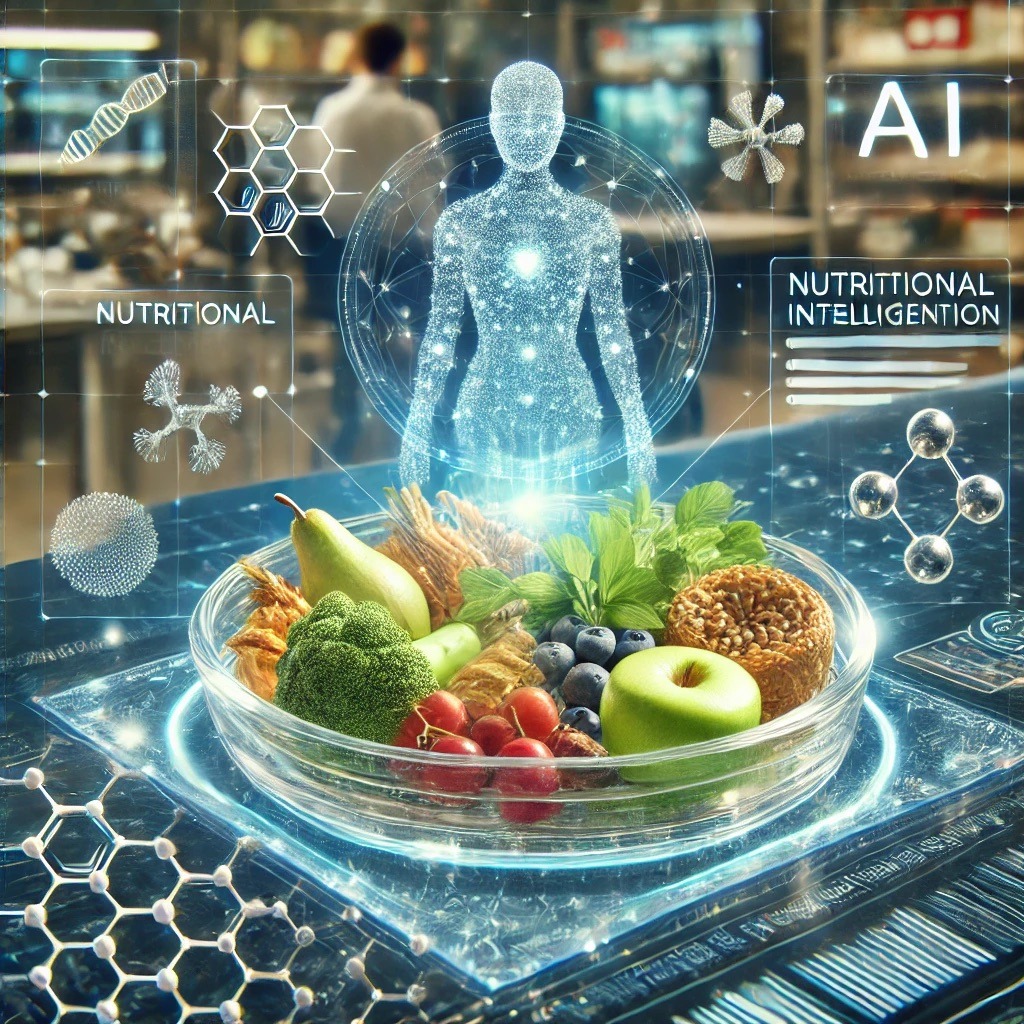 Un’illustrazione che rappresenta la connessione tra cibo e intelligenza artificiale, con elementi di analisi dati, molecole alimentari e un piatto di cibo futuristico
